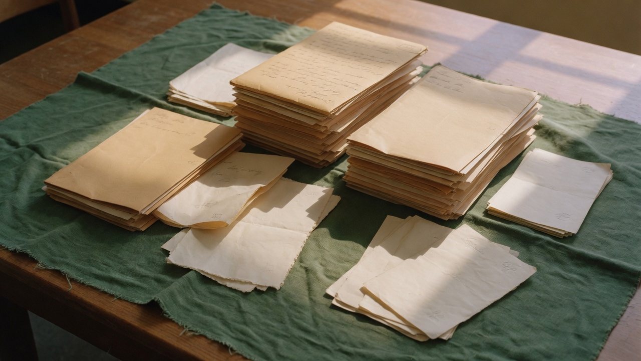 Stacks of manila meeting packets on a green linen desk in afternoon light